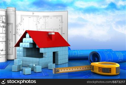 3d illustration of house blocks construction with drawings over sky background. 3d