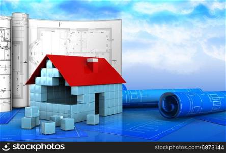 3d illustration of house blocks construction with drawings over sky background. 3d blank