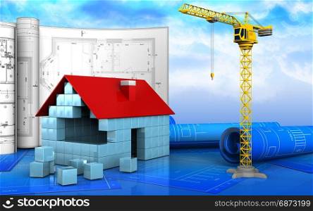 3d illustration of house blocks construction with drawings over sky background. 3d of crane