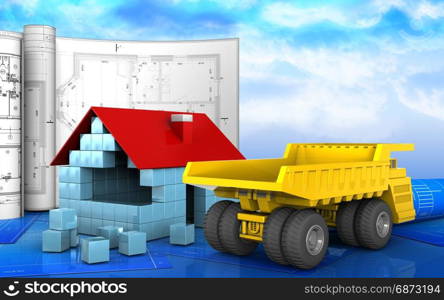 3d illustration of house blocks construction with drawings over sky background. 3d with drawings