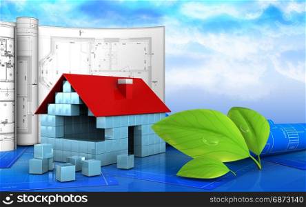 3d illustration of house blocks construction with drawings over sky background. 3d of house blocks construction