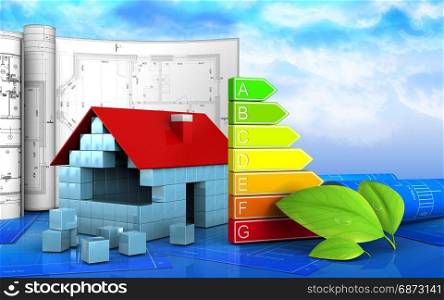 3d illustration of house blocks construction with drawings over sky background. 3d of house blocks construction