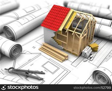 3d illustration of house design project over blueprints background