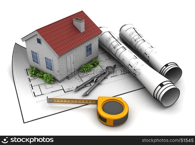 3d illustration of house model and blueprint, over white background