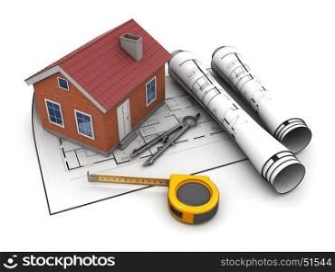 3d illustration of house model over blueprints