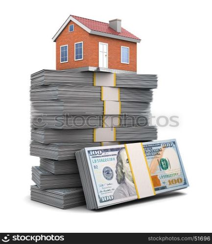 3d illustration of house over money stack, credit concept