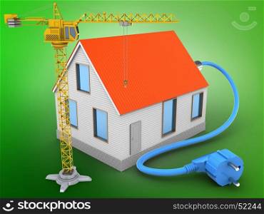3d illustration of house red roof over green background with power cable and crane. 3d house red roof