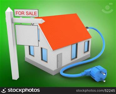 3d illustration of house red roof over green background with power cable and sale sign. 3d house red roof