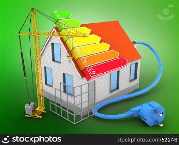 3d illustration of house red roof over green background with power ranks and construction site. 3d power ranks