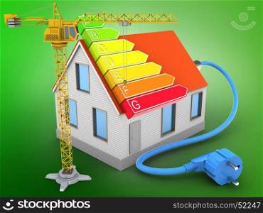 3d illustration of house red roof over green background with power ranks and crane. 3d house red roof