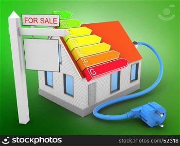 3d illustration of house red roof over green background with power ranks and sale sign. 3d power ranks