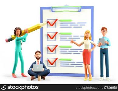 3D illustration of human characters filling out a test in customer survey form. Ethnic people group, woman with pencil and man putting check mark on checklist. Successful tasks execution concept.