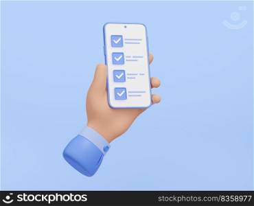 3D illustration of human hand holding smartphone with checklist app on screen. Successful person using mobile application on gadget for business time management and task planning. Web design icon. 3D illustration hand holding smartphone checklist