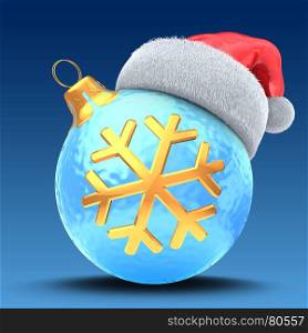3d illustration of ice blue Christmas ball over blue background with golden snowflake and Christmas hat