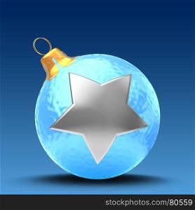 3d illustration of ice blue Christmas ball over blue background with silver star