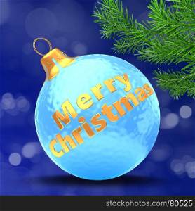 3d illustration of ice blue Christmas ball over bokeh blue background with Merry Christmas sign and christmas tree branch