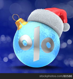 3d illustration of ice blue Christmas ball over bokeh blue background with percent sign and Christmas hat