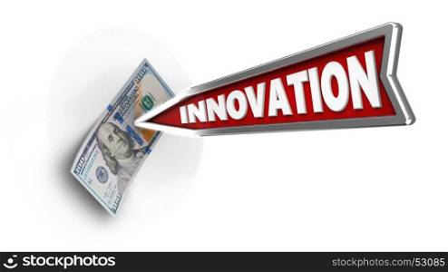 3d illustration of innovation arrow with 100 dollars over white background