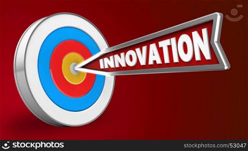 3d illustration of innovation arrow with archery target over red background