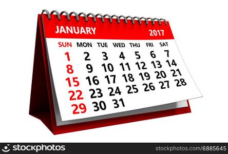 3d illustration of january 2017 calendar isolated over white background