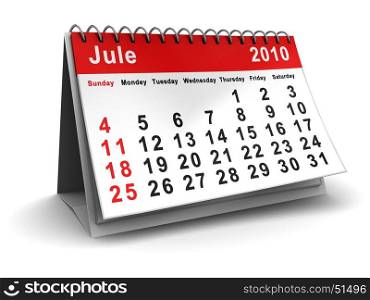 3d illustration of jule 2010 calendar over white background