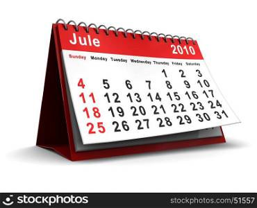 3d illustration of jule 2010 desktop calendar, over white background