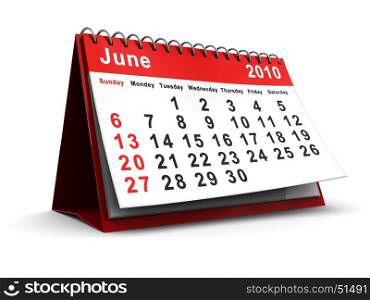 3d illustration of june 2010 calendar over white background