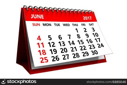 3d illustration of june 2017 calendar isolated over white background