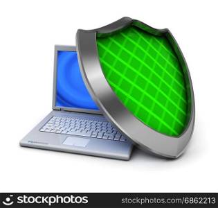 3d illustration of laptop computer and green shield, over white background