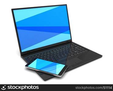 3d illustration of laptop computer and mobile phone, blue color screen