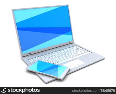 3d illustration of laptop computer and mobile phone, blue color screen. laptop and phone