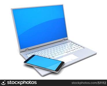 3d illustration of laptop computer and mobile phone, over white background