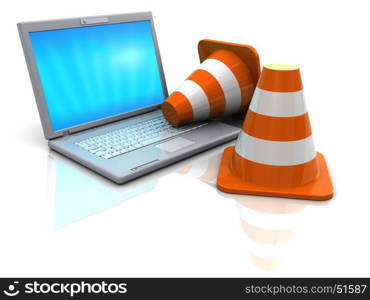 3d illustration of laptop computer and traffic cones