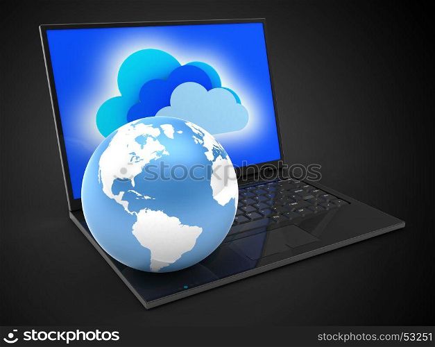 3d illustration of laptop computer over black background with clouds screen and earth globe
