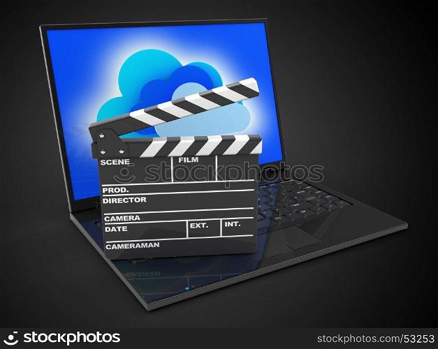 3d illustration of laptop computer over black background with clouds screen and film clap