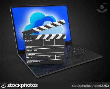 3d illustration of laptop computer over black background with clouds screen and film clap