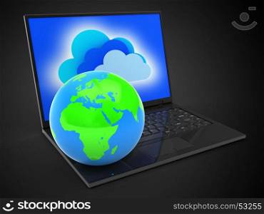 3d illustration of laptop computer over black background with clouds screen and globe
