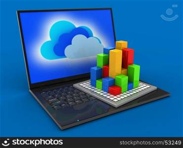 3d illustration of laptop computer over blue background with clouds screen and diagram