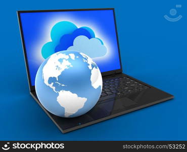 3d illustration of laptop computer over blue background with clouds screen and earth globe