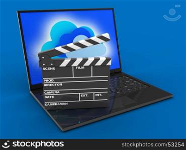 3d illustration of laptop computer over blue background with clouds screen and film clap