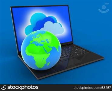 3d illustration of laptop computer over blue background with clouds screen and globe