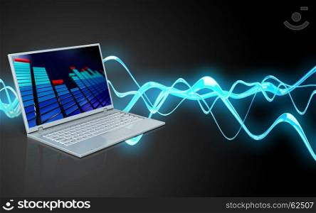 3d illustration of laptop computer over sound wave black background. 3d blank blank