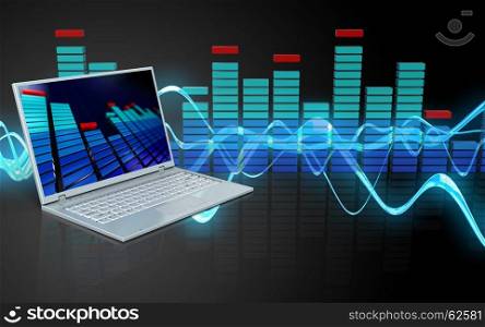 3d illustration of laptop computer over sound wave black background. 3d spectrum laptop computer