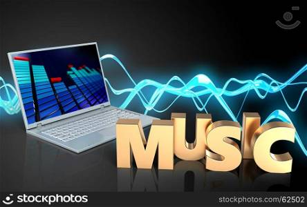 3d illustration of laptop computer over sound wave black background with music sign. 3d music sign blank