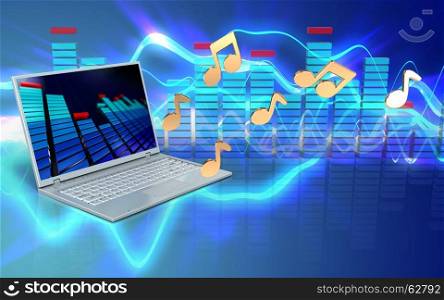 3d illustration of laptop computer over sound waves blue background with notes. 3d spectrum spectrum