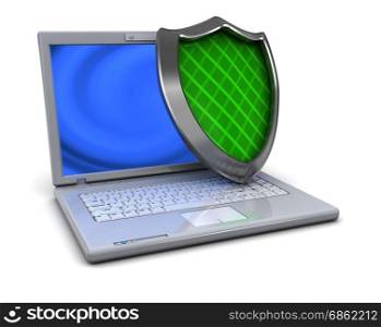3d illustration of laptop computer protected by shield