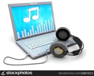3d illustration of laptop computer with headphones, over white background