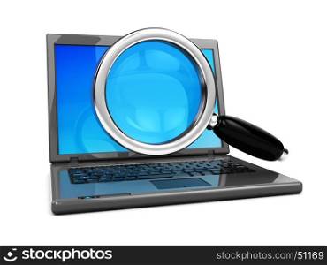 3d illustration of laptop computer with magnify glass, over white background