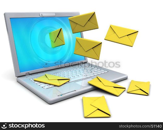 3d illustration of laptop computer with mail envelopes