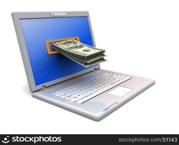 3d illustration of laptop computer with money stack in screen
